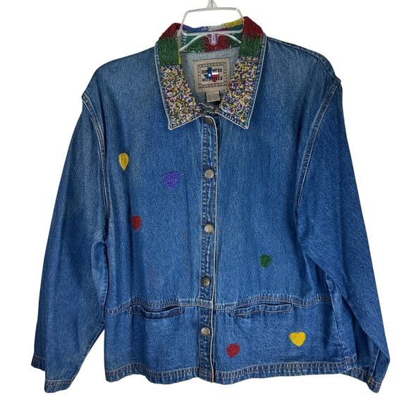 Vintage Don’t Mess With Texas Beaded Denim Jacket Folk Art Embroidered L - Picture 2 of 6